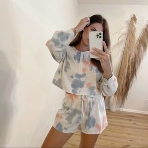 Cozy Livin’ Brushed Tie Dye Long Sleeve & Shorts Lounge Set Size Small